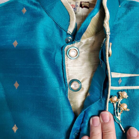 Kurta Suit Jacket & Vest Boys 2 Blue Turqoise Gold Button Front Wedding Indian - Picture 13 of 16